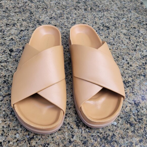 Mansur Graviel Everyday Cross Slide Sandals in Camel Lambskin - Picture 1 of 12